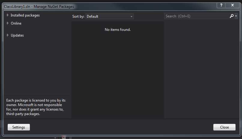 Manage NuGetPackages window