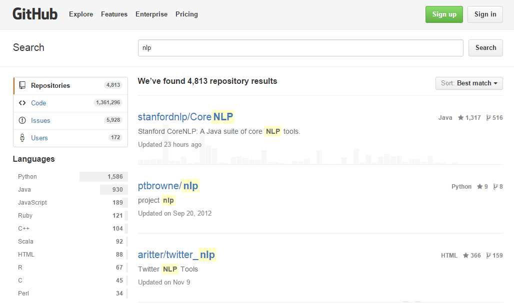 GitHub search results