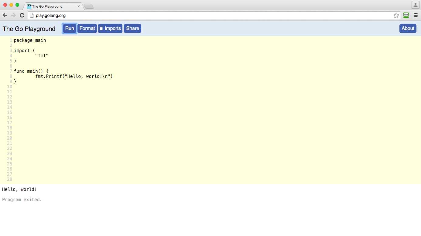 The “Hello, world!” Program in the Go Playground