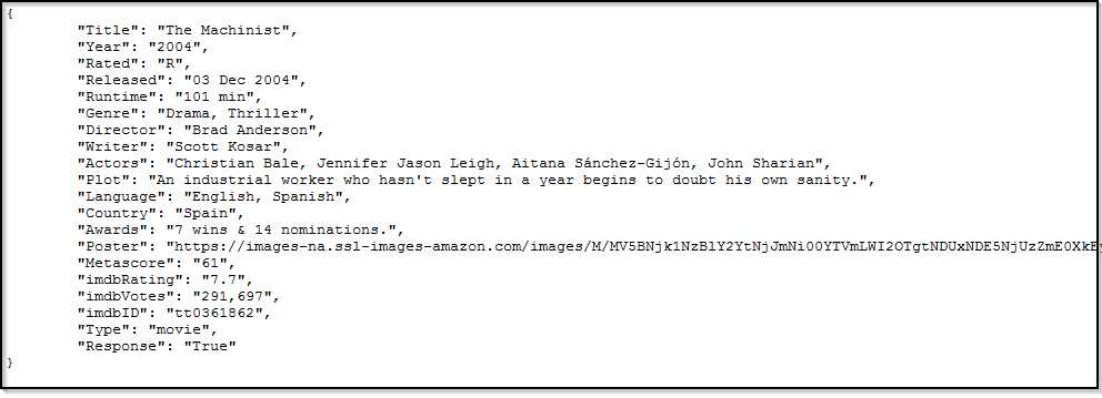 Open Movie Database API Results for The Machinist
