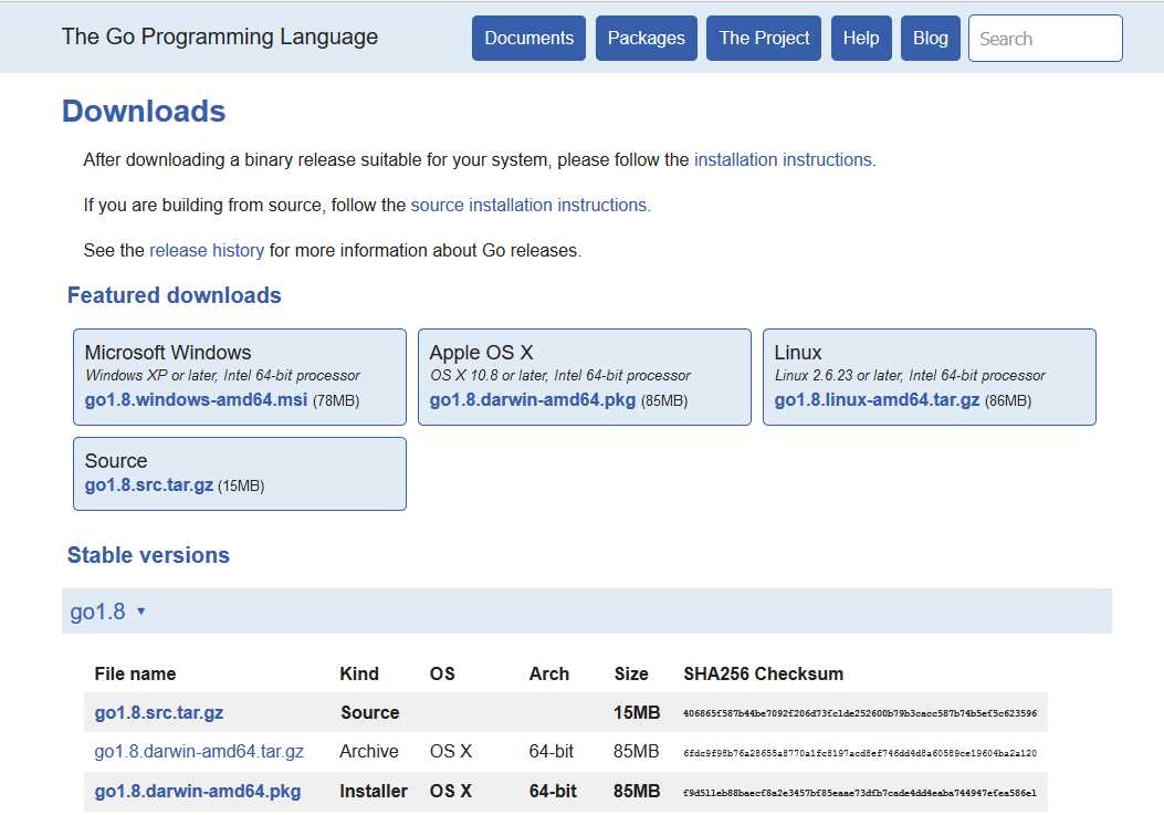The Golang Downloads Webpage