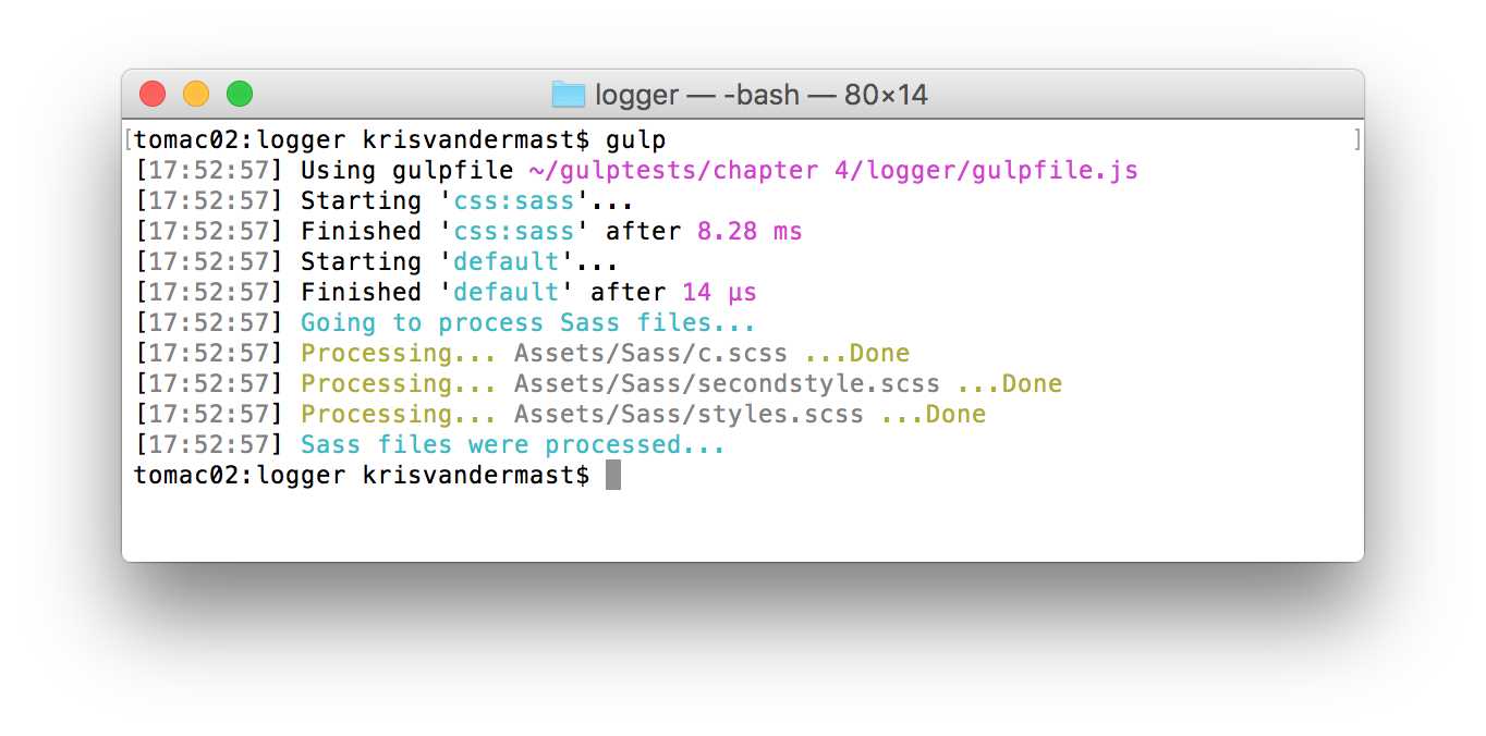 Output of the gulp-logger module with extra options set