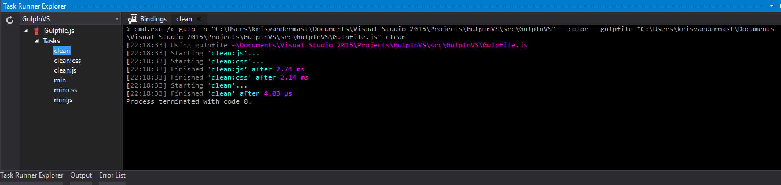 The Gulp clean task has run.