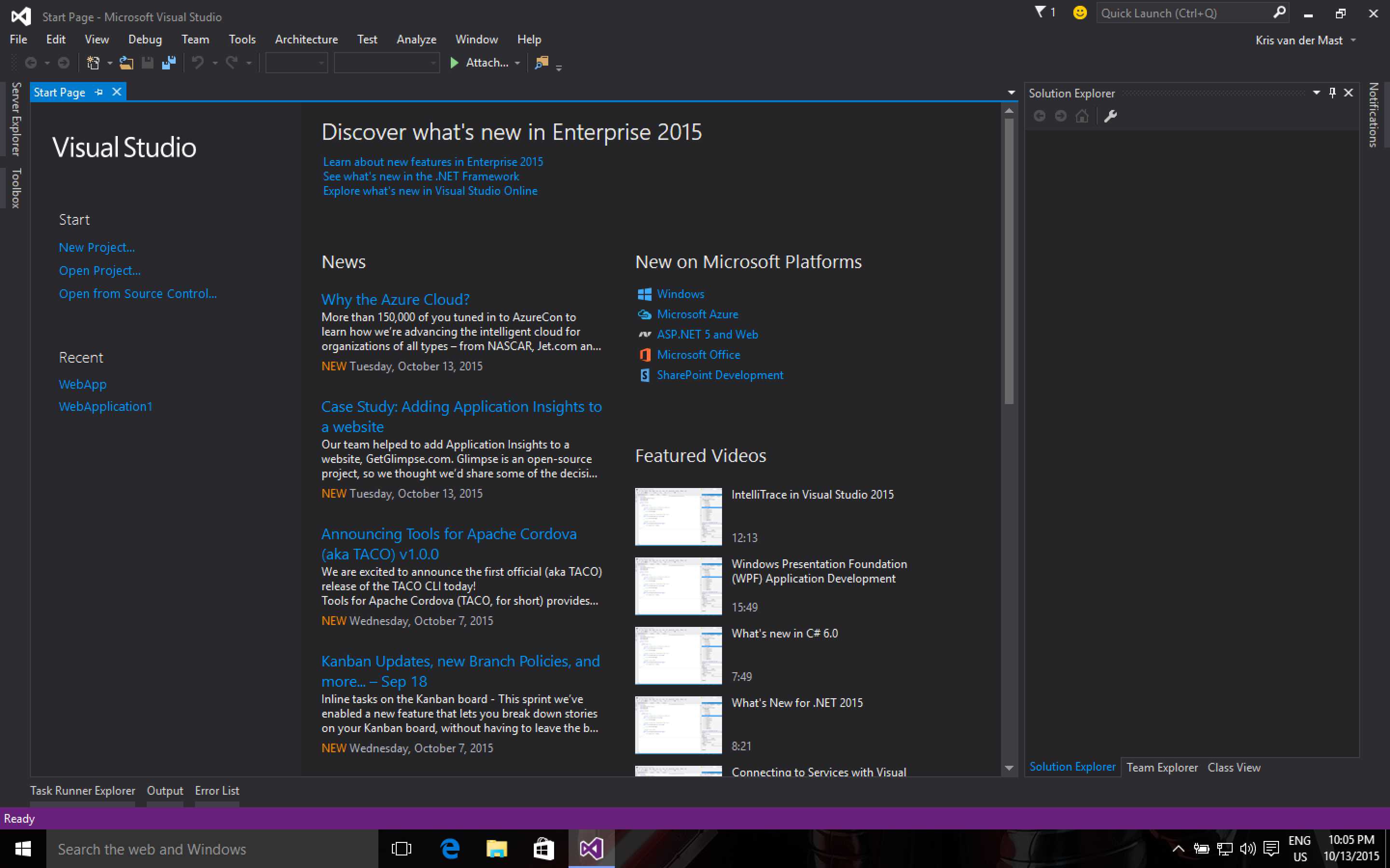 Visual Studio 2015 Start Screen