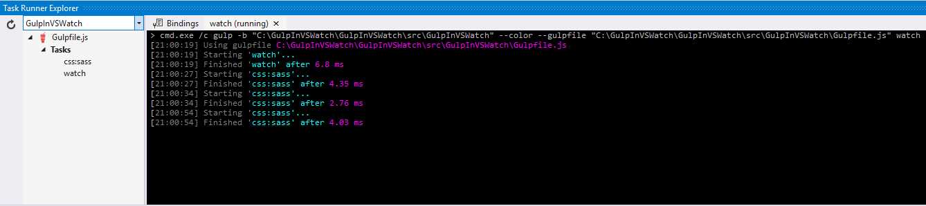 Watch task has run on opening the project, and after each save of an .scss file when it was changed.