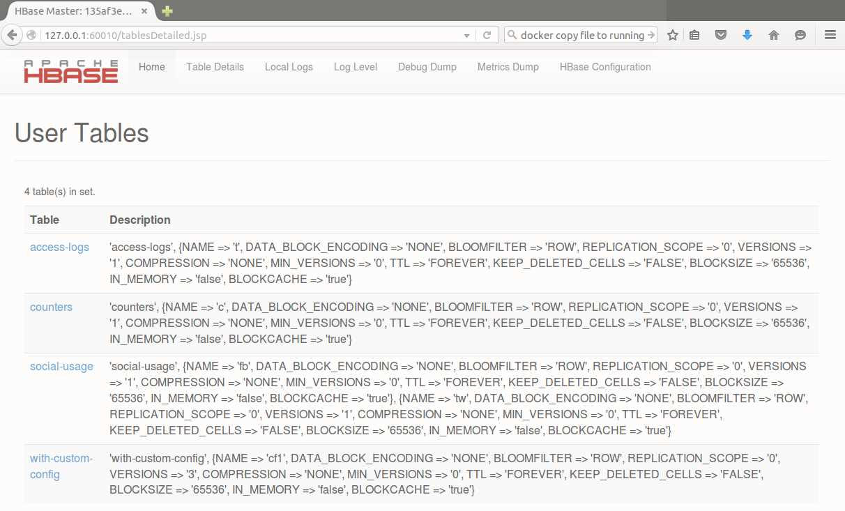 Table Details in the Master UI