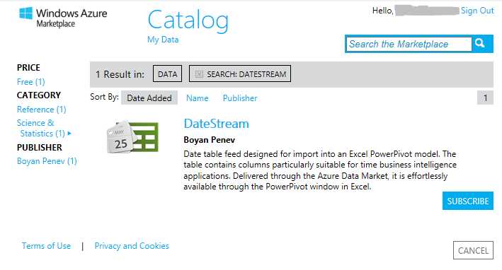 Excel Windows Azure Marketplace browser