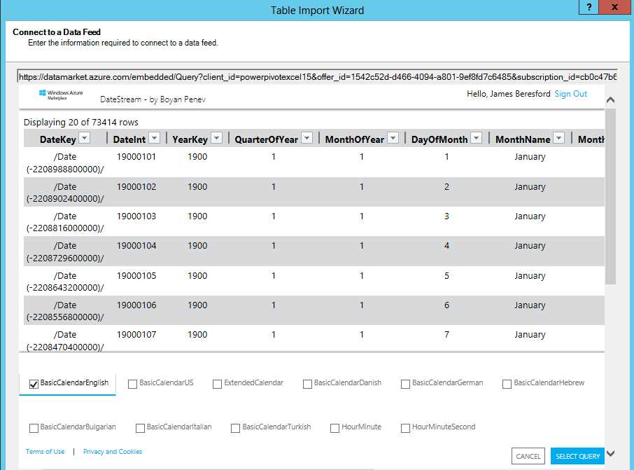 Excel Windows Azure Marketplace data feed options