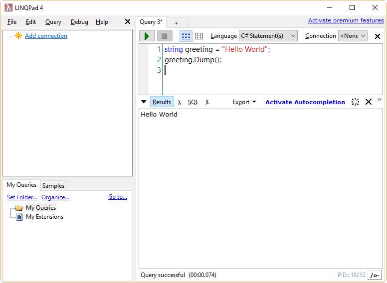 Hello World sample output