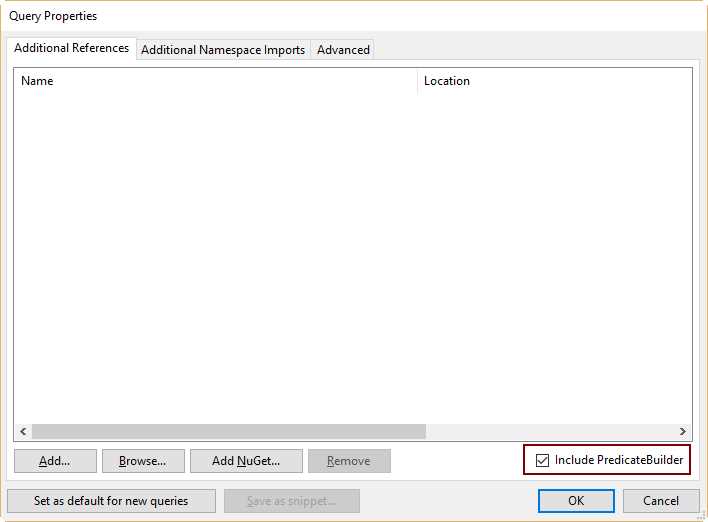 Query Properties dialog box, including PredicateBuilder class