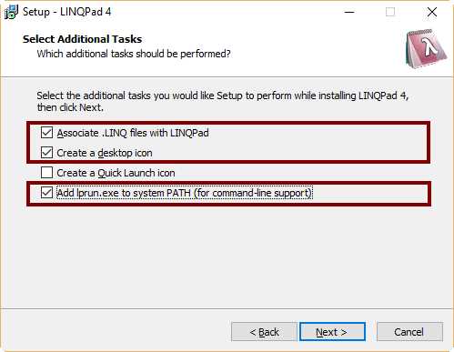 Select Additional Tasks dialog box