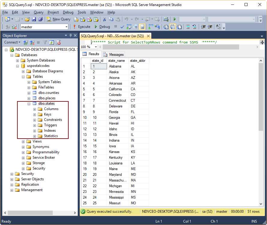 States table, after being populated with data
