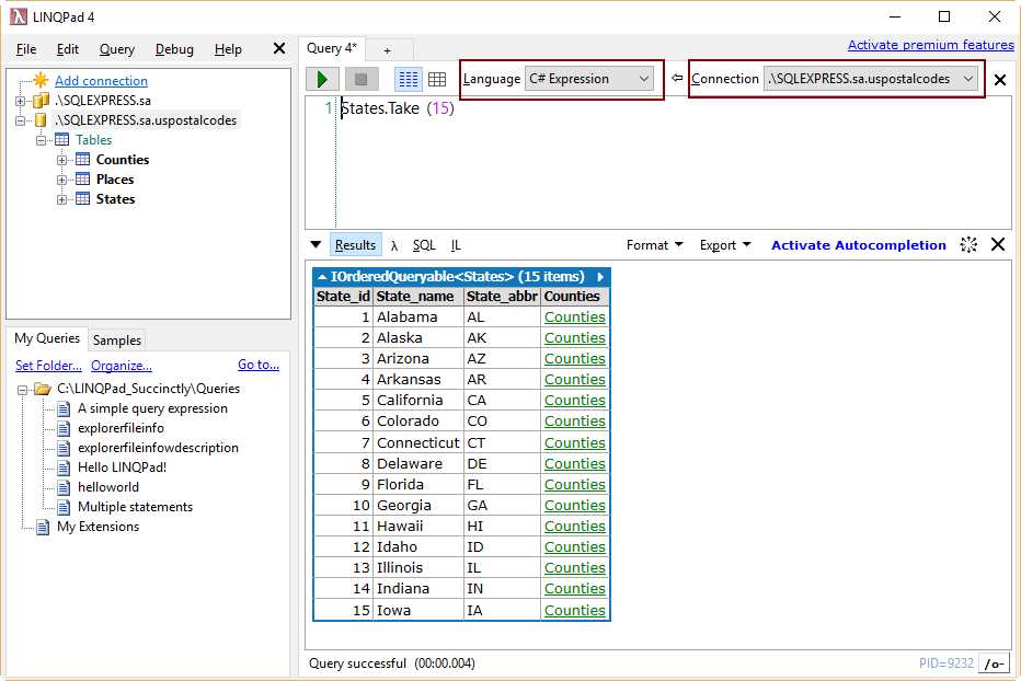 The first 15 rows from States table