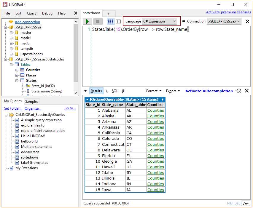 The result for the query with rows sorted