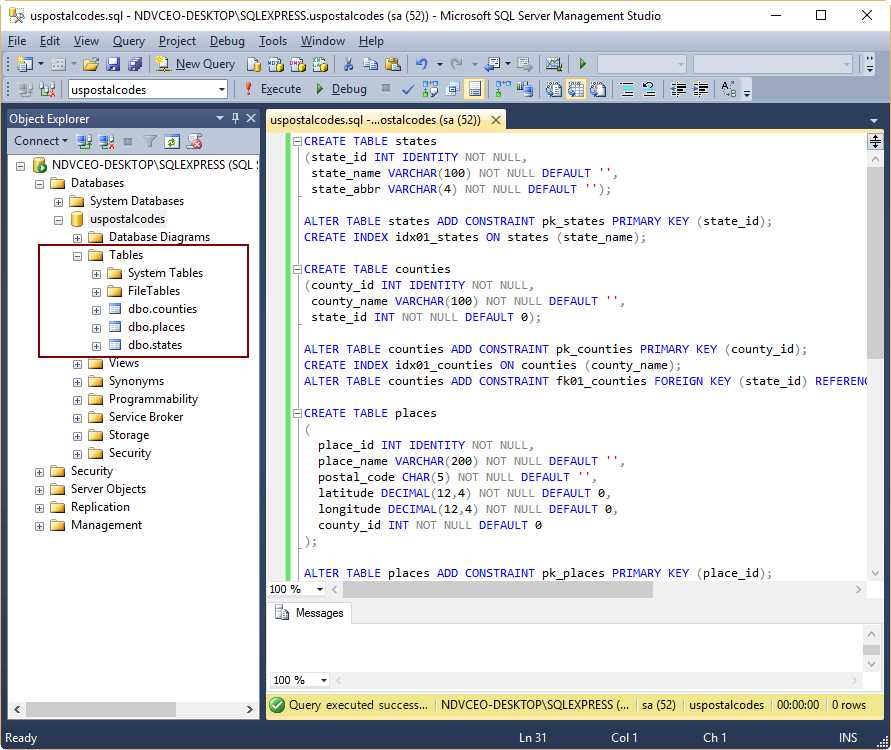 Uspostalcodes database with entities created, displayed in SQL Server Management Studio