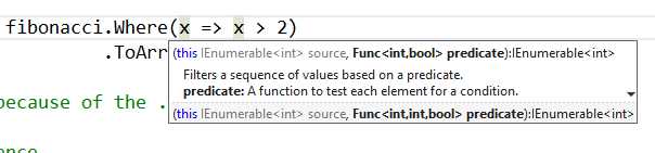 Visual Studio showing the signature of the Where operator
