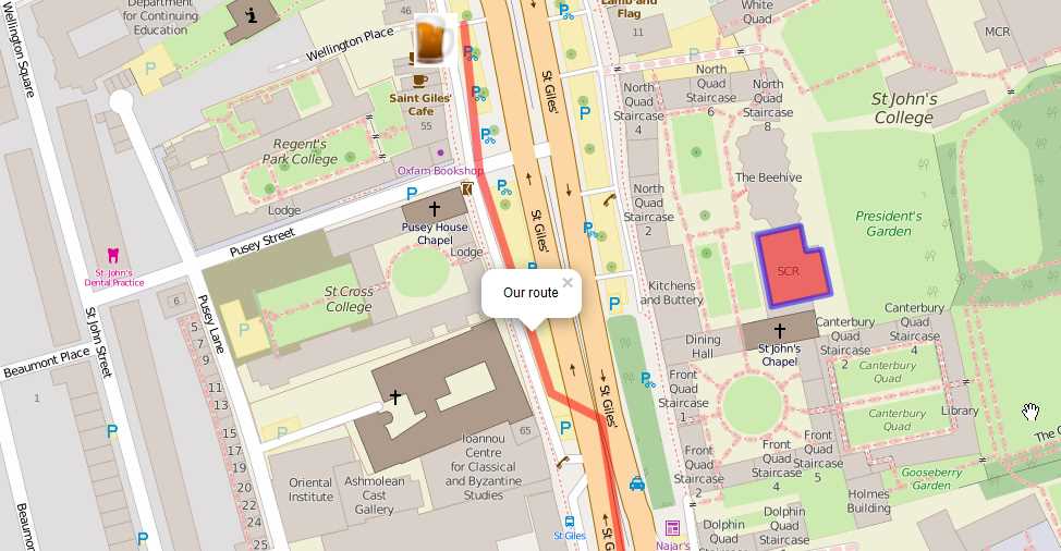 Clicking on the route polyline displays a popup
