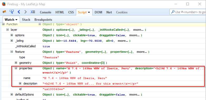 Examining the contents of the earthquake data in Firebug to get the right information for our popups