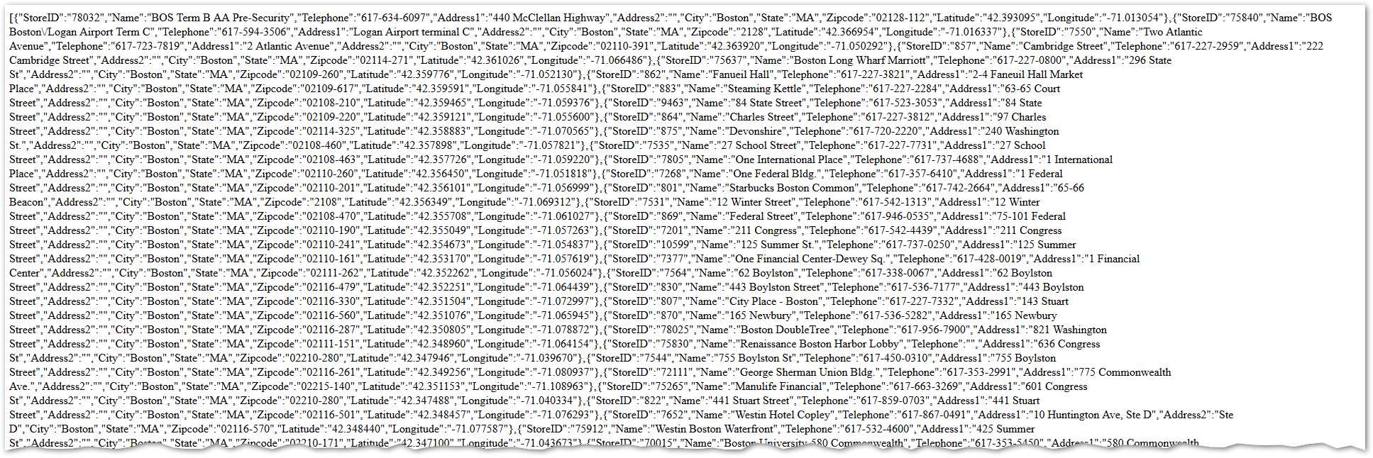 The database data in JSON format