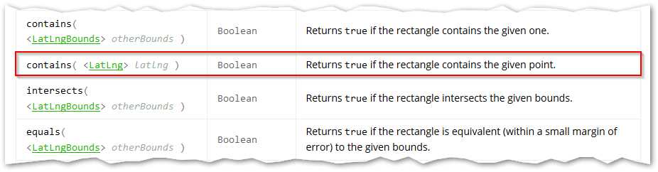 The LatLngBnds object's contains, intersect,s, and equals methods