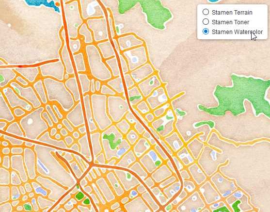 The layers control in action, showing the Stamen Watercolor tiled map service