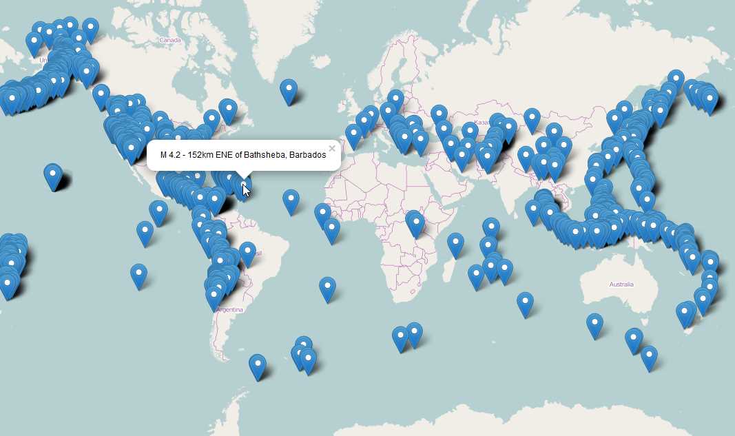 USGS Earthquake KML data visualized in Leaflet.js