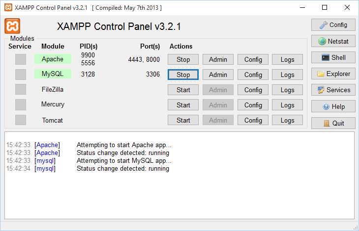 XAMPP control panel showing the MySQL service running