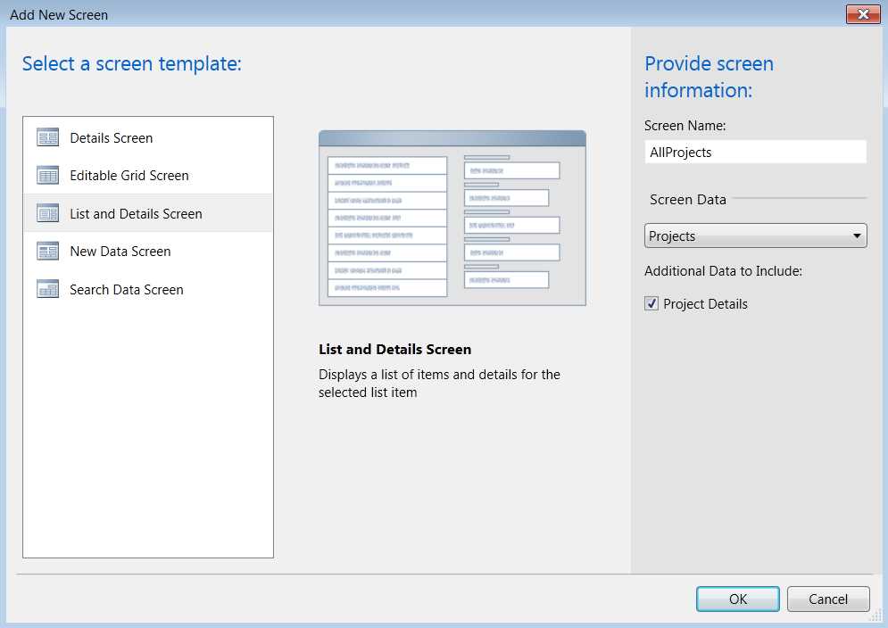 Add New Screen wizard