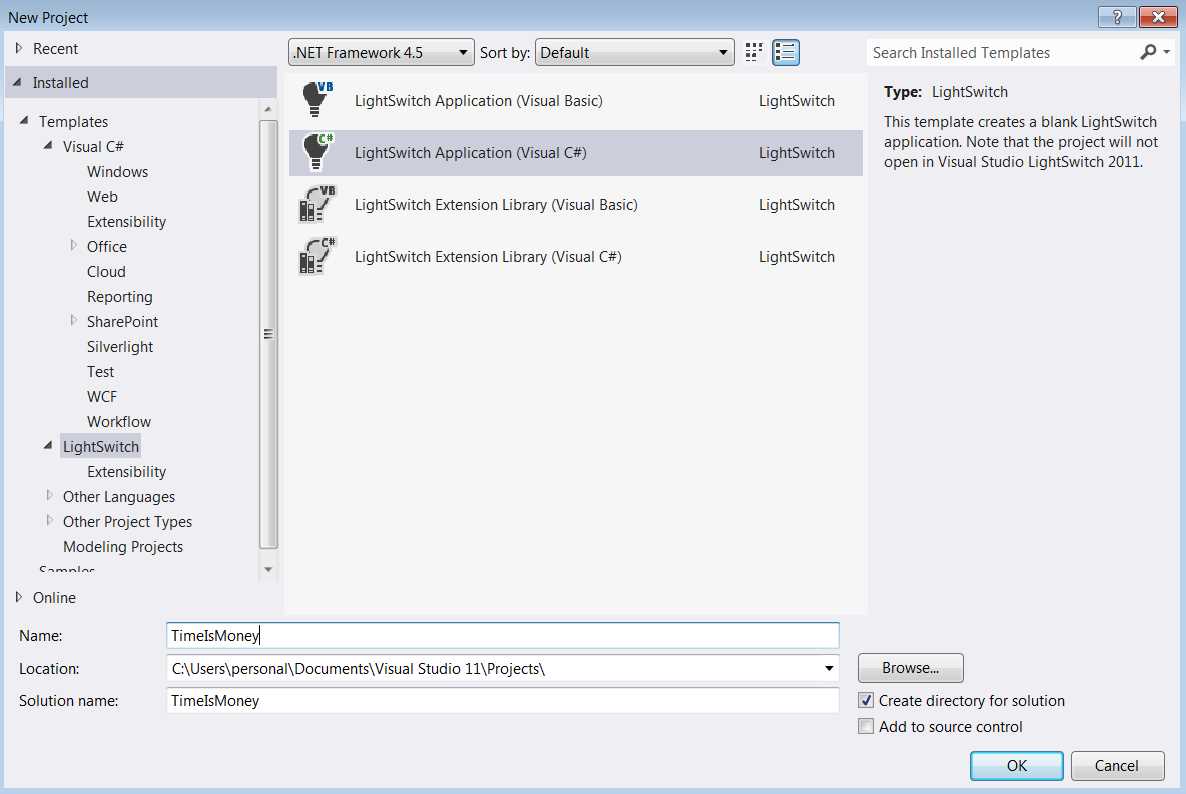 Creating a new LightSwitch project