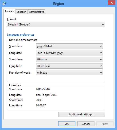 Control Panel for regional settings