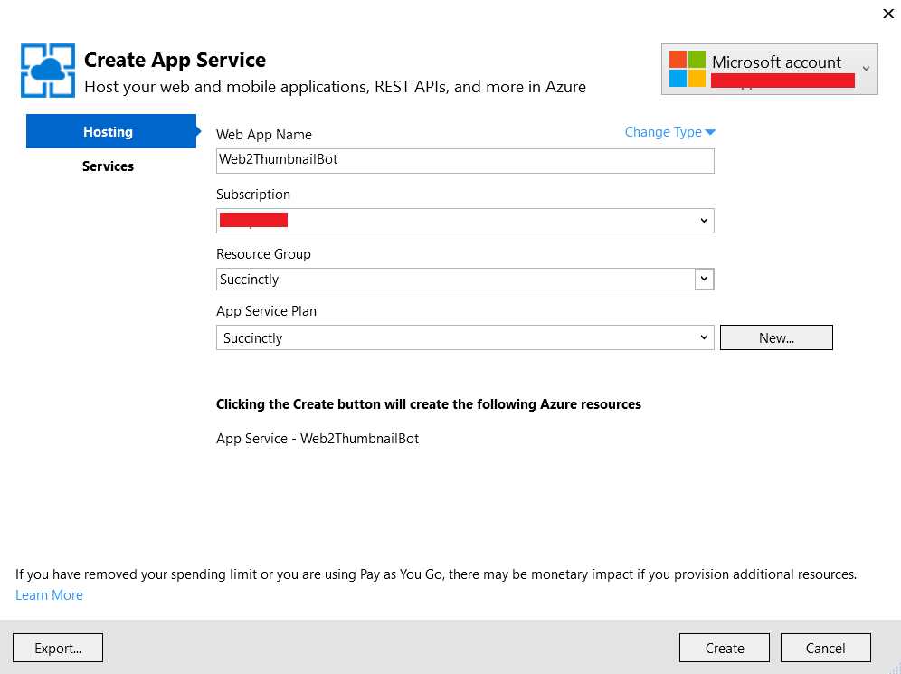 App Service Creation Screen within Visual Studio