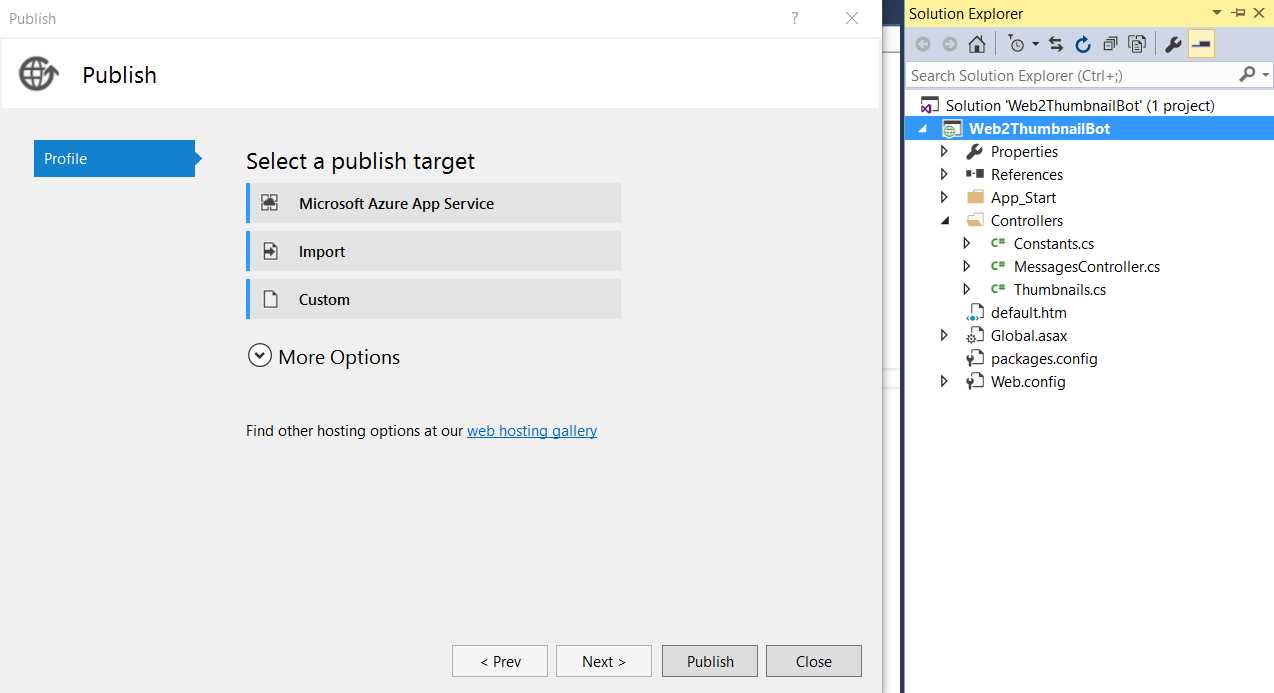Initial Bot Publishing Screen within Visual Studio