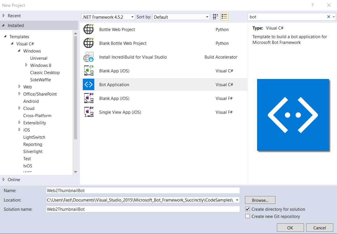 New VS Project with the Bot Application Template Selected