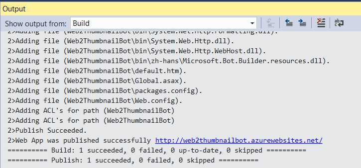 Output Pane in Visual Studio—Bot Published