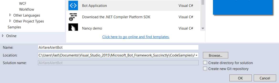 Selecting the Bot Template for Our VS Project