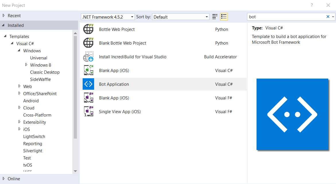 The Bot Application Template Ready in VS