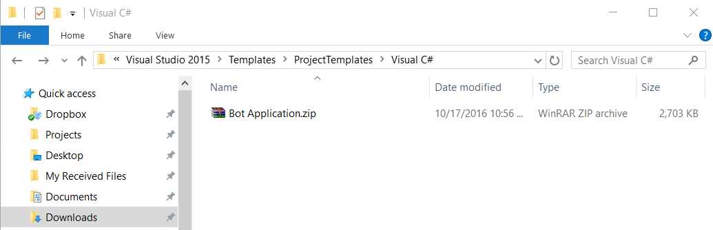 The Bot Application Template Saved in the VS Templates Folder