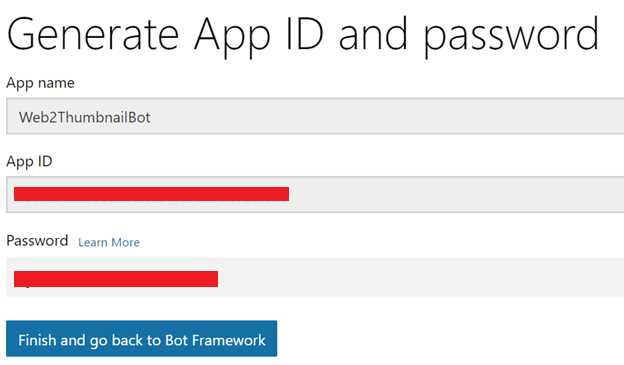 The Generated App ID and Password Screen
