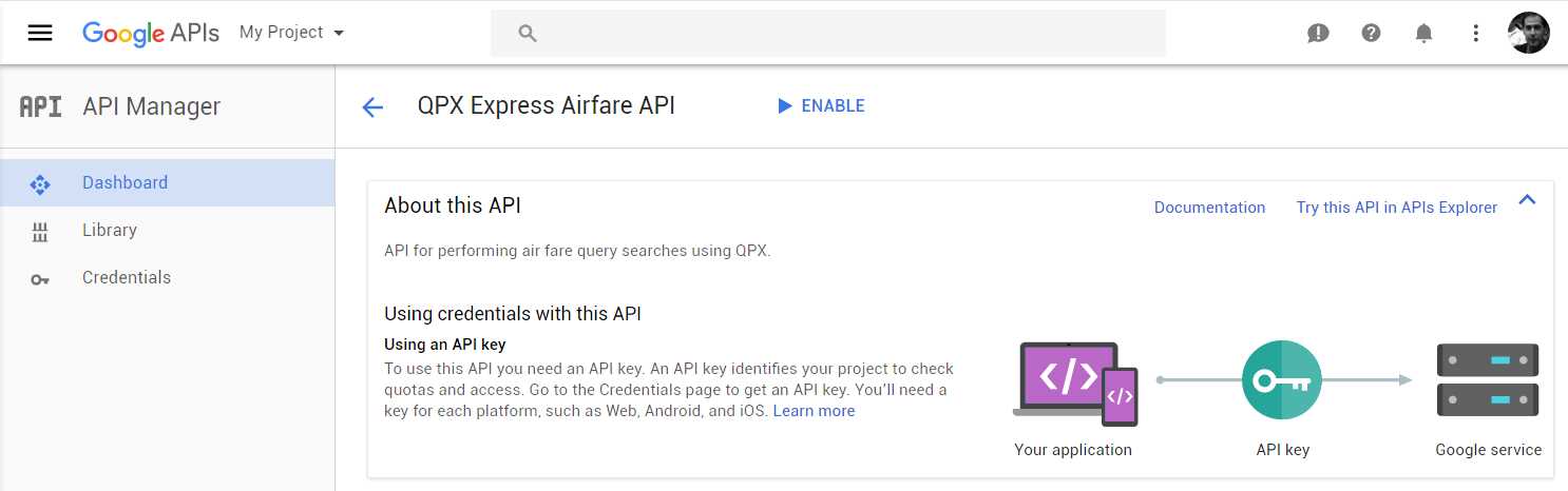 The QPX Express API Main Page in the Google Developer Console