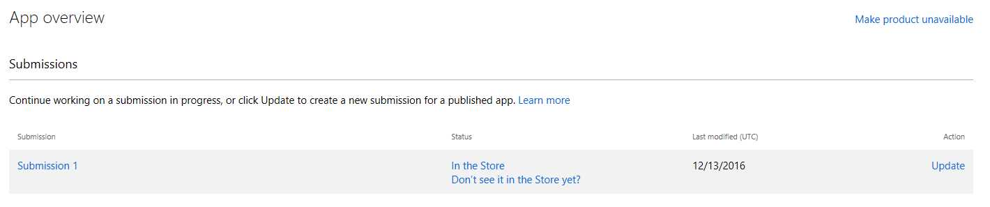The application’s page on the Dev Center once a submission is live on the Store