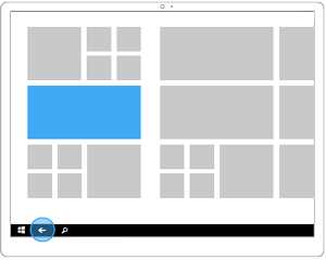 The back button on a Windows 10 tablet