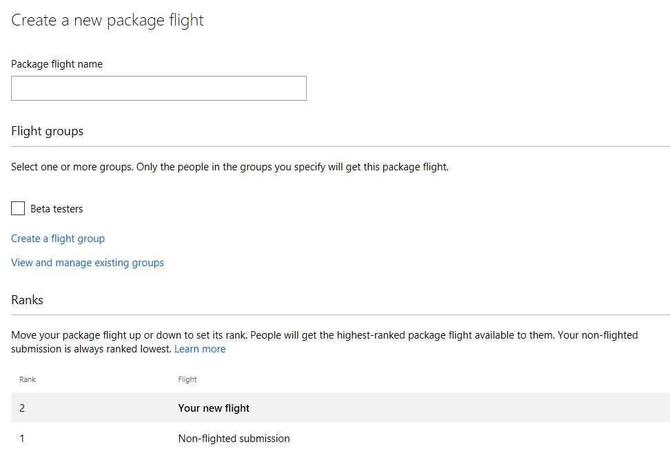 The option to create a new package flight