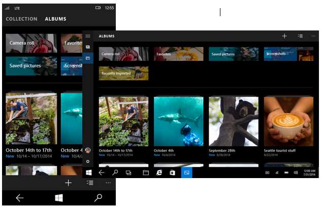The Photos app implements two completely different navigation techniques based on the device family