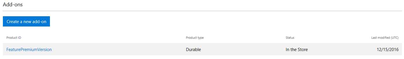 The section in the Dev Center to create new add-ons