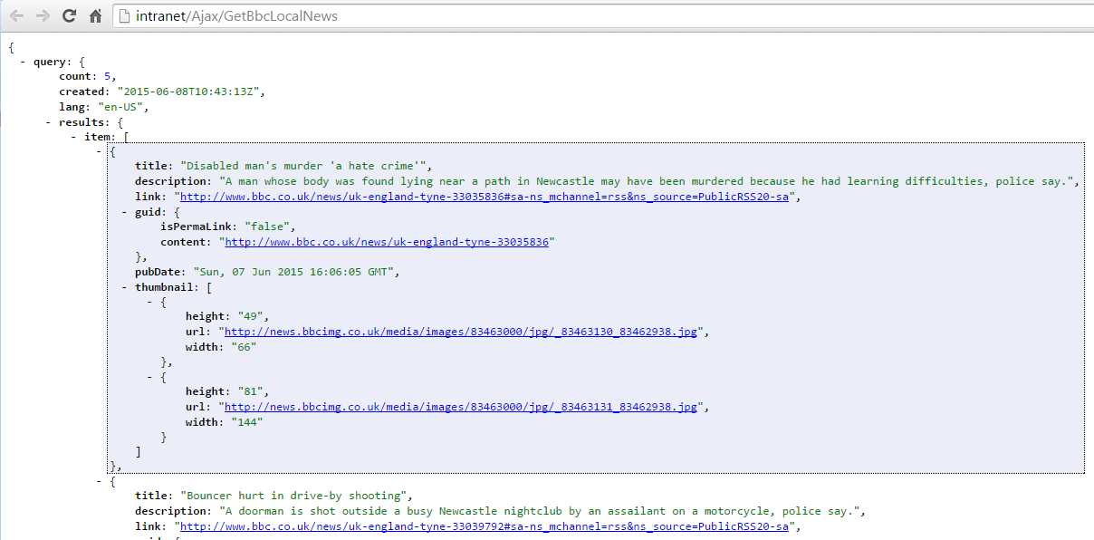 A rather plain JSON feed as viewed directly in the browser
