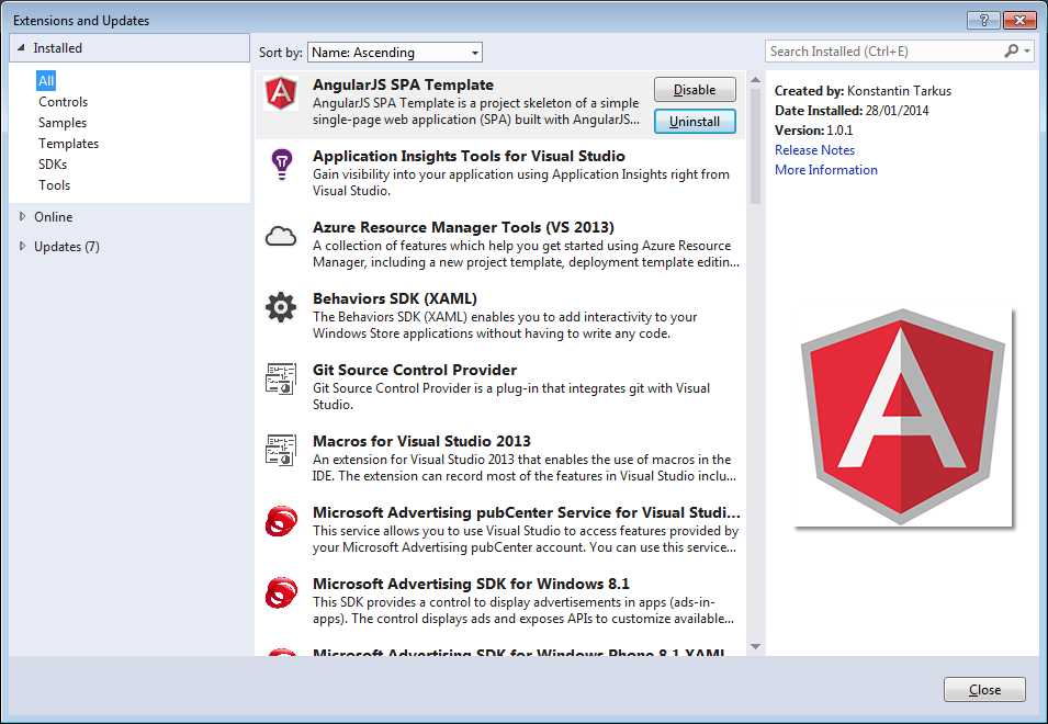Extensions and Updates dialog box