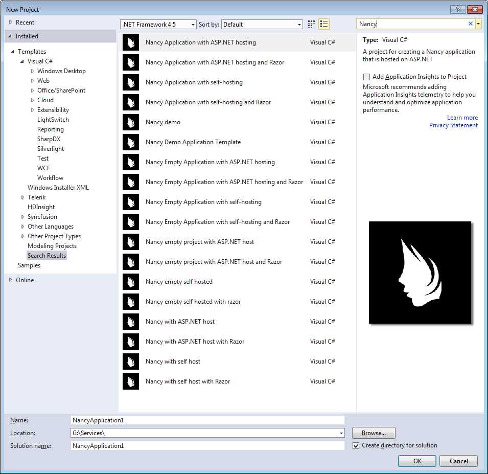 New Project dialog box showing the installed Nancy templates
