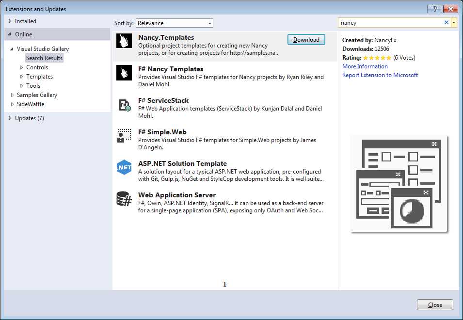 The Extensions and Updates dialog box showing the Nancy templates