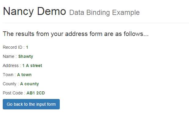 The result of posting an address entry to the form binder