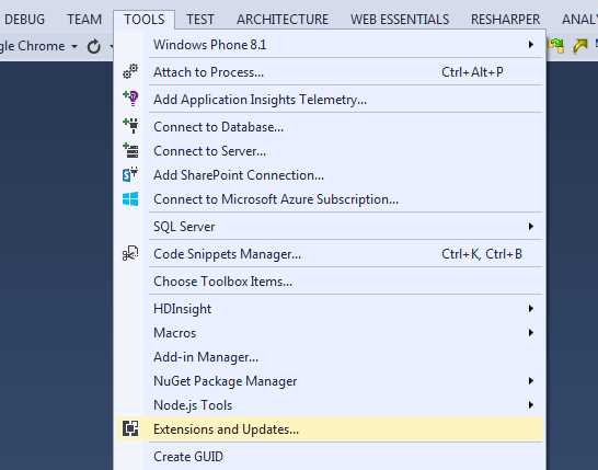 Tools menu required to get to extensions and updates.